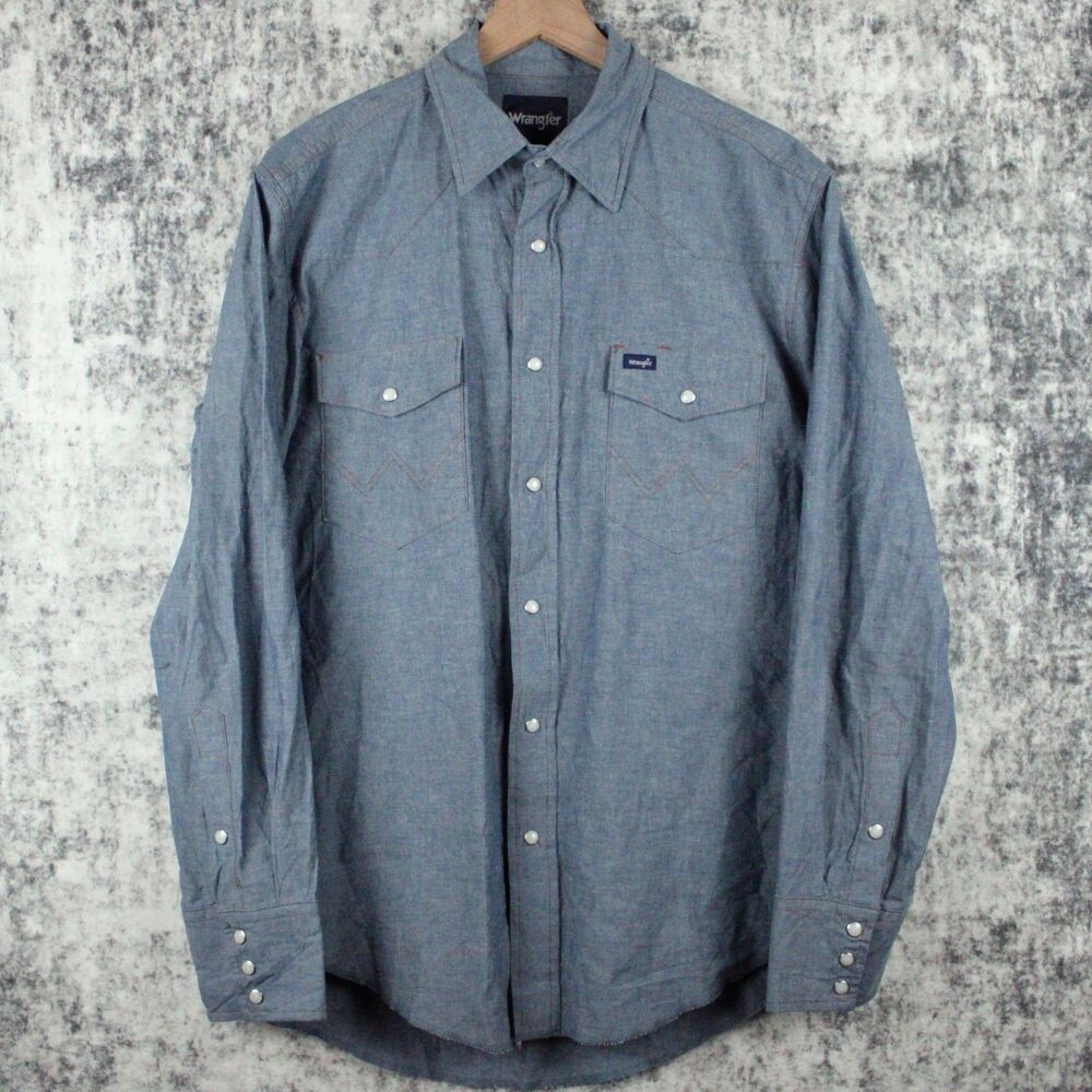Wrangler Shirt Mens L Pearl Snap Chambray Blue Long Sleeve Cotton Cowboy Vintage